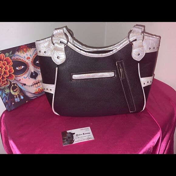 Rhinestone Cross Embroidered Carry Handbag In Pewter - Picture 2 of 4